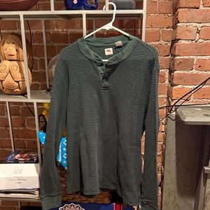 Green Striped Long Sleeve Henley Shirt